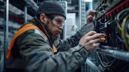 Wall Mural - A man in a safety vest is working on a piece of equipment