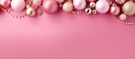Poster - A Christmas-themed composition with decorative balls and ornaments against a pink background, ideal for web banners and featuring copy space image.