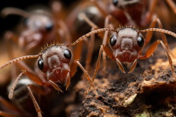 Macro of a group of ants on a wooden surface. Macro. Insect Macro shot. Wildlife Concept.