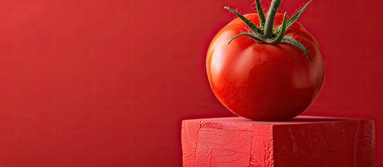 Poster - A ripe tomato sits on a cube against a red backdrop in a copy space image.