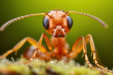 Wall Mural - Macro of ant on green nature background. Close-up. Insect Macro shot. Wildlife Concept.