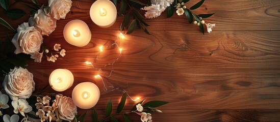 Sticker - A serene spa arrangement displayed on a wooden surface with glowing candles, fresh flowers, and a designated area for text. Ideal for a copy space image.