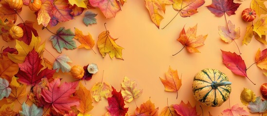 Poster - Copy space image of a pumpkin surrounded by fall leaves on a soft orange backdrop.
