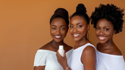 Wall Mural - Three women with curly hair are smiling and holding a bottle of lotion. Concept of friendship and positivity, as the women are enjoying each other's company and sharing a moment together