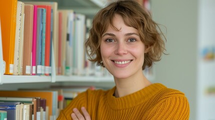 Librarian smiling while organizing books on a shelf in a quiet library representing knowledge, organization, and a love for reading Portrait, Realistic Photo, High resolution, Half-body picture, ,