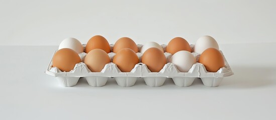 Poster - Side view of a tray of eggs on a white background, creating a perfect copy space image for food objects.