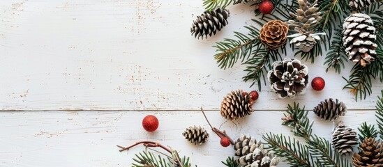Aufkleber - A festive background featuring Christmas decorations, like pine and cypress cones with twigs, set on a white wooden table with ample copy space image.