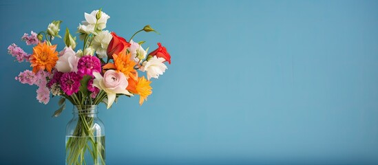 Poster - A vibrant bouquet of colorful flowers displayed in a clear bottle on a light blue table against a blue wall, providing a view with copy space image.