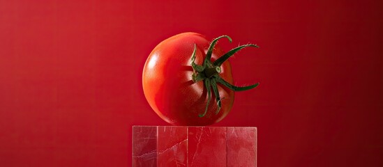 Poster - A ripe tomato sits on a cube against a red backdrop in a copy space image.