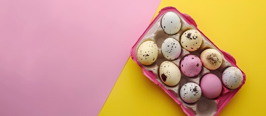 Fototapete - Easter-themed quail eggs in a carton on yellow and pink backdrop, featuring a holiday greeting concept. Top view of a creative copy space image.