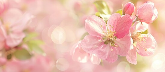 Aufkleber - Soft pastel-colored floral card with pink spring apple bloom background, featuring selective focus and a toned palette for a copy space image.