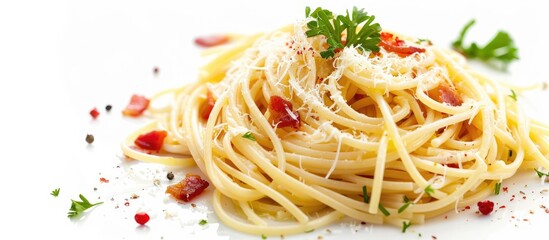 Poster - Italian spaghetti with creamy white cheese sauce and crispy bacon, shown in a copy space image on a white background.