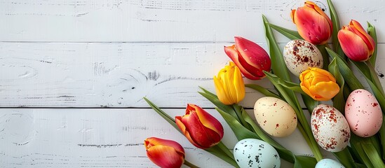 Fototapete - Easter eggs nestled alongside tulips on white wood. Top-down view for an Easter card with copy space image.