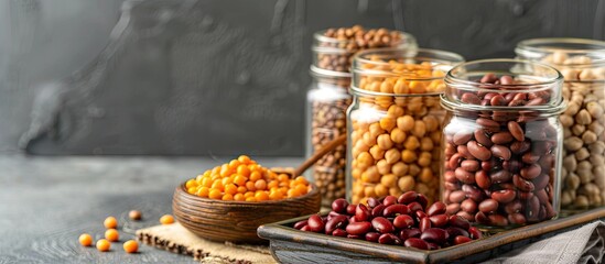 Canvas Print - Displaying a healthy food concept, jars filled with kidney beans and chickpeas on a wooden tray against a gray background with a napkin, featuring copy space image.