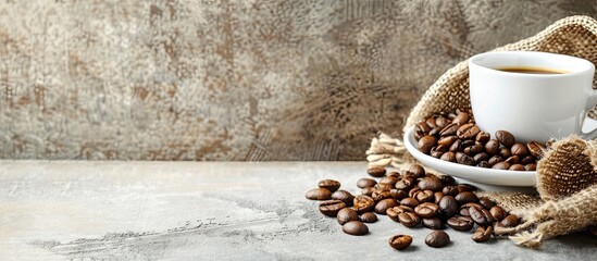 Aufkleber - Coffee beans, cup, saucer, and drink on a rustic table with copy space image.