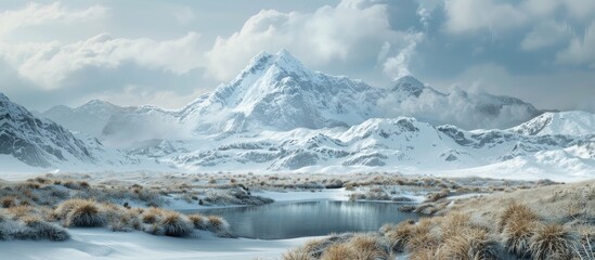 Leinwandbilder - Panoramic snowy mountain landscape with grass and ample copy space image on a chilly winter day.