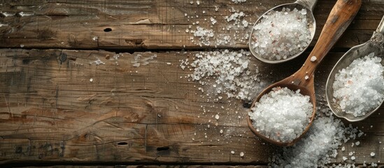 Canvas Print - Sea salt spoons on a rustic wooden table with ample copy space image.