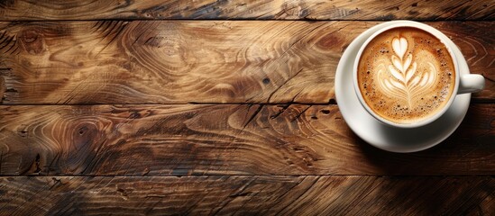 Aufkleber - Enjoy a freshly brewed coffee with lovely latte art on a wooden table in a cafe setting, perfect for a coffee break with recreation and relaxation, surrounded by a copy space image.