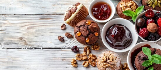 Poster - Assorted sweet treats like chocolate muffins, jelly, plums, and walnuts beautifully arranged on a white wooden table with ample copy space image.