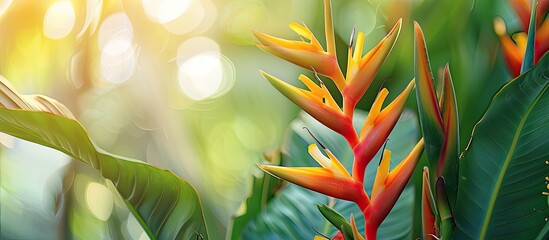 Poster - Heliconia bihai, lobster claw flower in orange and yellow hues, set against a backdrop of green leaves, providing space for copy on the right.