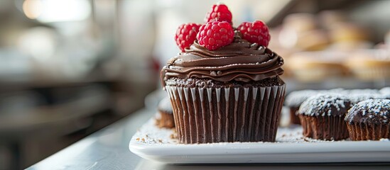 Poster - A delectable cupcake with chocolate frosting and raspberry topping displayed on a tray in a bakery, with a blank space for adding images.