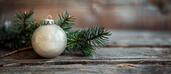 Sticker - An elegant holiday ornament paired with a green spruce twig on a rustic wooden backdrop, ideal for a copy space image.