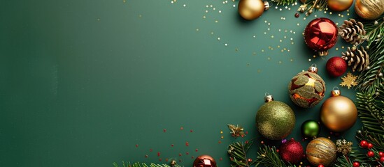 Canvas Print - Festive holiday theme with bright decorations like serpentine and balls on a green background for Christmas, New Year, and winter. Top-down view with space for additional images.