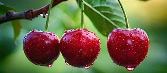 Poster - A close-up outdoor shot featuring three ripe cherries on a branch, with ample copy space image available.