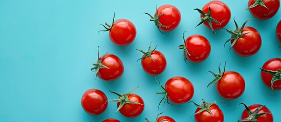 Poster - Cherry tomatoes arranged with a background color of blue providing copy space image.