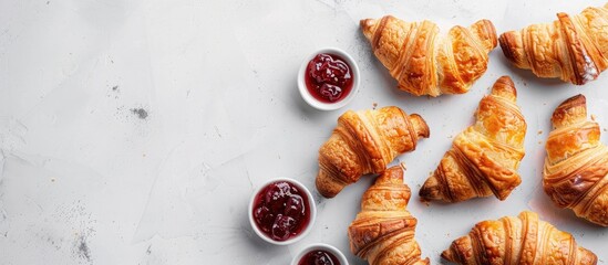 Poster - Delicious miniature croissants filled with jam, freshly baked and presented from above with ample space for text or images.