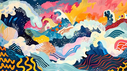 Wall Mural - colorful depiction of stormy waves, bold patterns, and bright hues