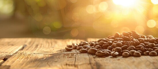 Aufkleber - Morning sunlight illuminates coffee beans on the table, enhancing the cozy ambience of the scene with a warm glow; perfect copy space image.