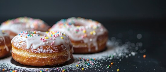 Poster - Elegant black background enhances German Krapfen with drizzled glazed sprinkles, creating a visually appealing copy space image.