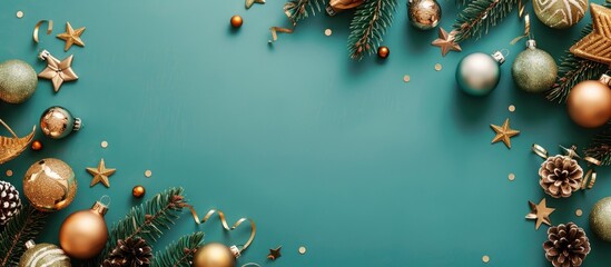 Leinwandbilder - Top view of a border made of Christmas ornaments on a turquoise background, adorned with decorative fir branches, golden balls, stars, and bows, featuring a flat lay copy space image.