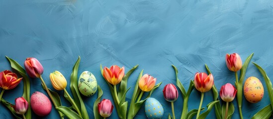 Wall Mural - Easter-themed mockup featuring a tulip arrangement alongside colored eggs, viewed from above with copy space image.