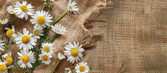 Sticker - Top view of chamomile flowers and white field daisies scattered on burlap, creating a scenic backdrop suitable for design projects with copy space image.