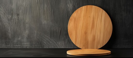 Leinwandbilder - A circular wooden sign with blank space sits on a black table, set up as a basic mockup for a door sign with copy space image.