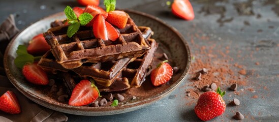 Poster - A ceramic plate with a stack of chocolate waffles topped with strawberries and mint, creating a visually appealing presentation with ample copy space image.