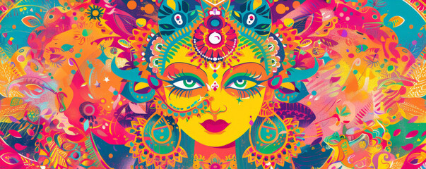  A vibrant illustration of the festival of Navratri, with Goddess Durga depicted in her nine forms, each with unique attributes and symbols. The background is filled with festive decorations and