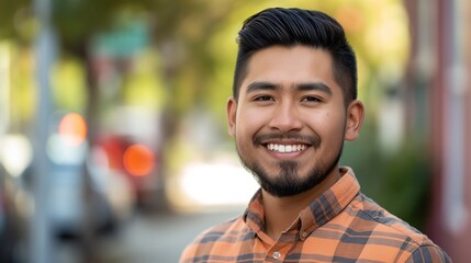 Canvas Print - Young Native American Man Smiling in Urban Setting, Portrait, Autumn Season, Vibrant Colors, Outdoor Photography, Stock Photo