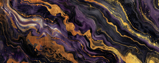 Wall Mural - A bold marble texture background with striking veins of purple, black, and gold. The dramatic color