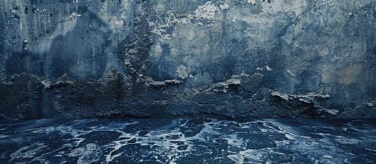 Wall Mural - A dark blue concrete wall with a cement texture, resembling navy seawater, provides an empty stone surface for design with a copy space image.