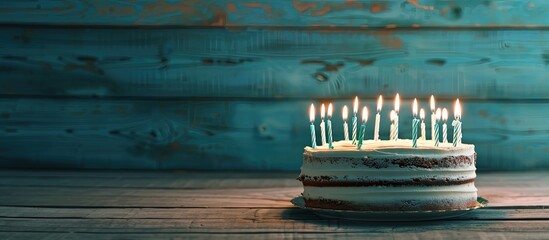 Sticker - A lovely birthday card featuring an 18th birthday cake surrounded by lit candles placed on a backdrop of rustic blue boards, with room for additional text or images.