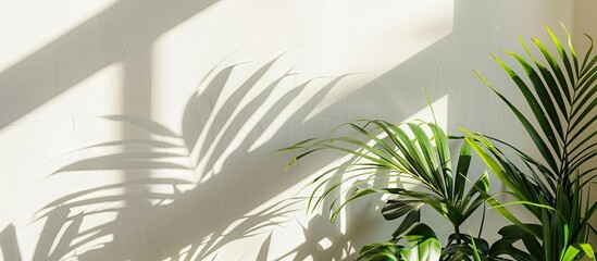 Poster - Abstract tropical sunlight creates plant leaf shadows on a white wall, a minimal sun light concept with a palm tree leaf in a creative copy space image.
