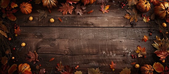 Poster - A fall-themed setting with colorful leaves and pumpkins on a wooden surface, suitable for adding text or other visuals in the copy space image.