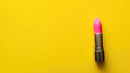 Wall Mural - Pastel pink lipstick on yellow background with space for text Lovely beauty product on vibrant makeup theme