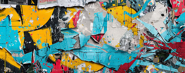 Wall Mural - A grunge texture background with layered graffiti, spray paint, and torn posters, creating a chaotic