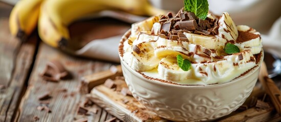 Sticker - A Banoffee pie dessert served in a cup with fresh banana on a wooden background. The image includes selective focus, allowing copy space.