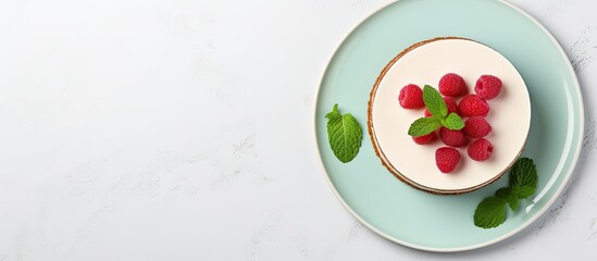 Poster - Top-down view of a raspberry cheesecake on a white plate with mint leaves, featuring a blank space for additional text or images.