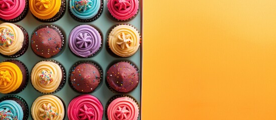 Poster - Colorful background enhances the appeal of the box with delicious cupcakes, ideal for showcasing in a copy space image.